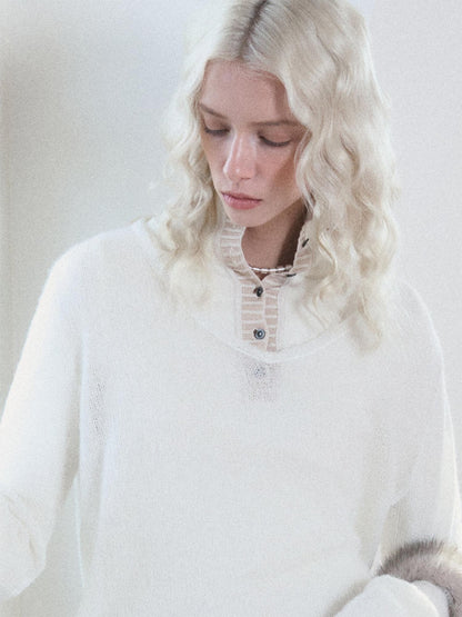 AnnoMundi T-shirts deux pièces à manches longues en mohair, col montant, maille slim et colorblock pour femmes