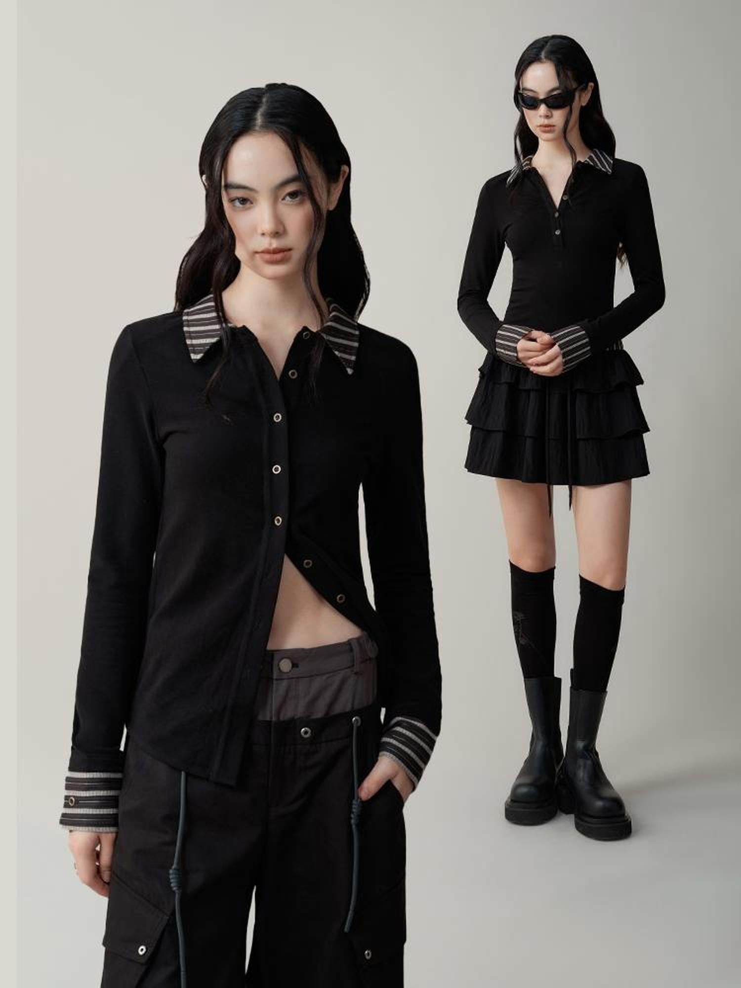 AnnoMundi Contrast Collar Striped Knit Shirt Dress