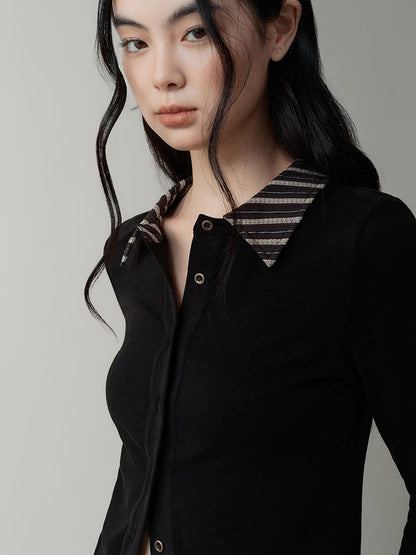 AnnoMundi Contrast Collar Striped Knit Shirt Dress