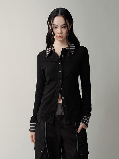AnnoMundi Contrast Collar Striped Knit Shirt Dress