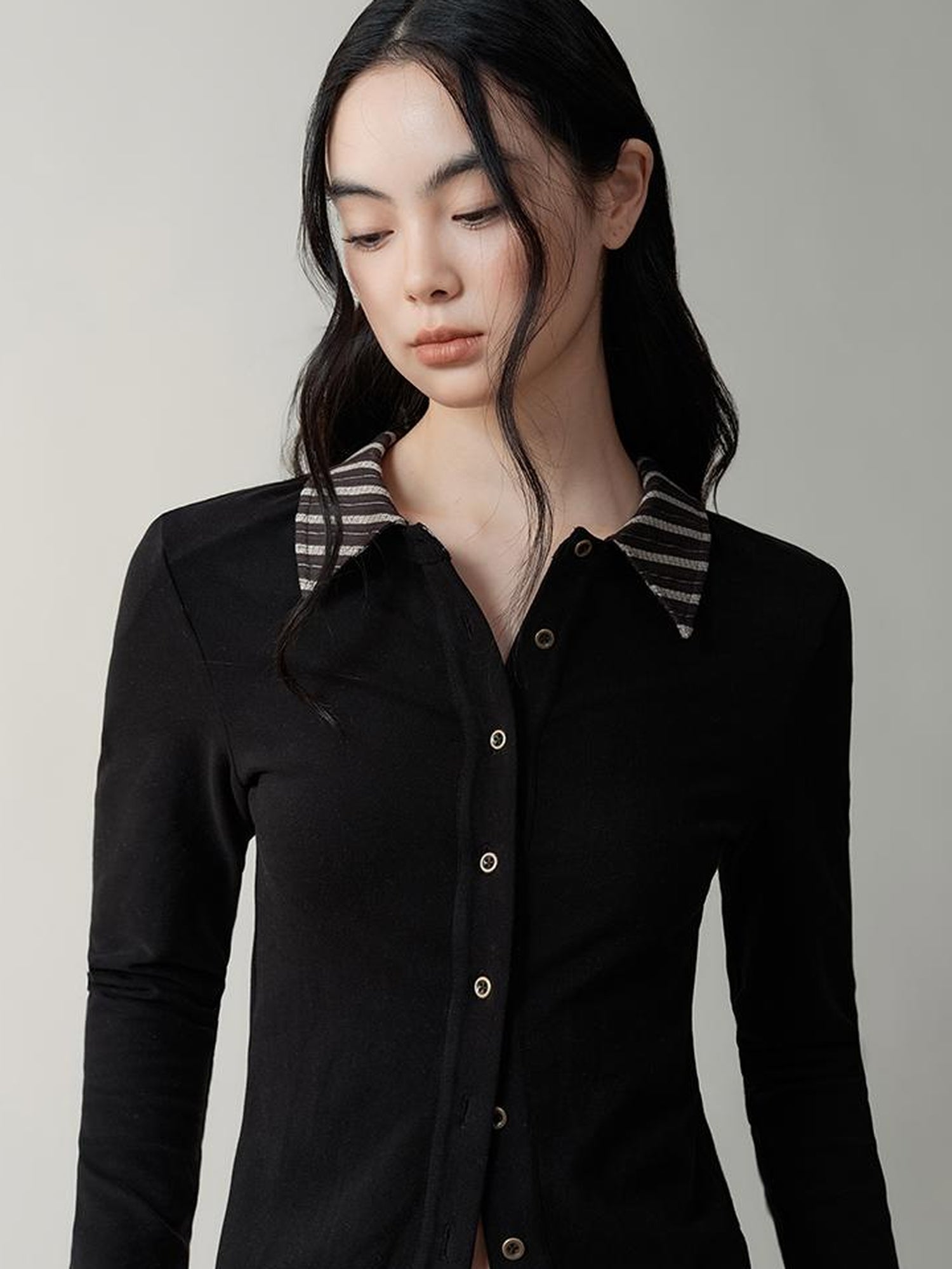 AnnoMundi Contrast Collar Striped Knit Shirt Dress