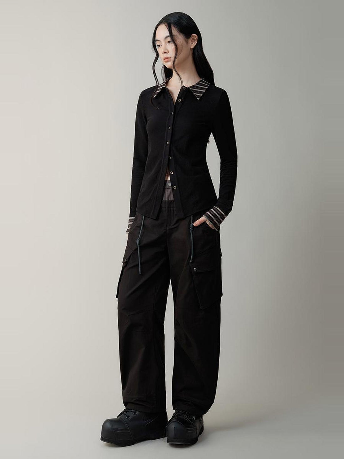 AnnoMundi Contrast Collar Striped Knit Shirt Dress