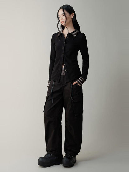 AnnoMundi Contrast Collar Striped Knit Shirt Dress