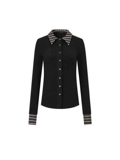 AnnoMundi Contrast Collar Striped Knit Shirt Dress