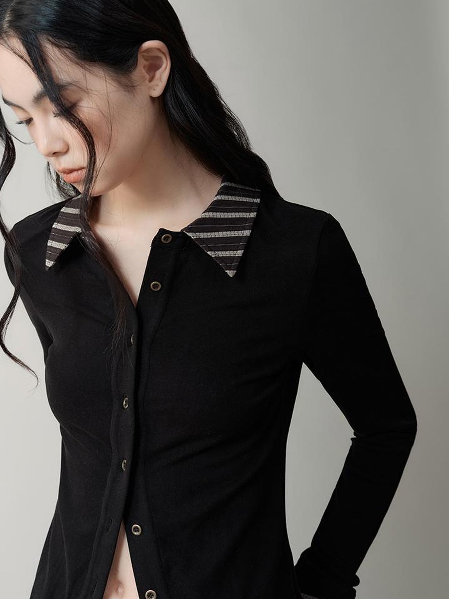 AnnoMundi Contrast Collar Striped Knit Shirt Dress