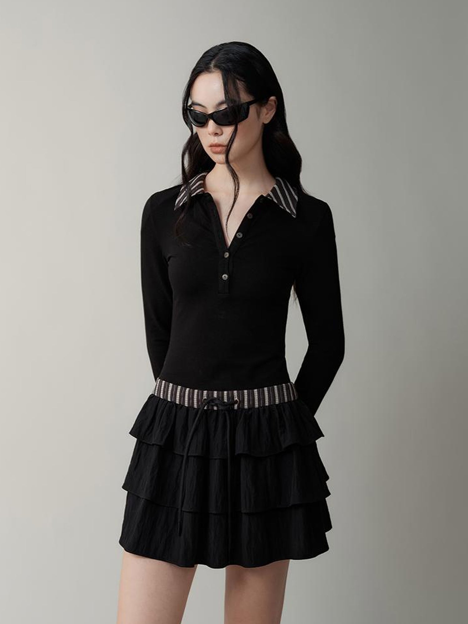 AnnoMundi Contrast Collar Striped Knit Shirt Dress