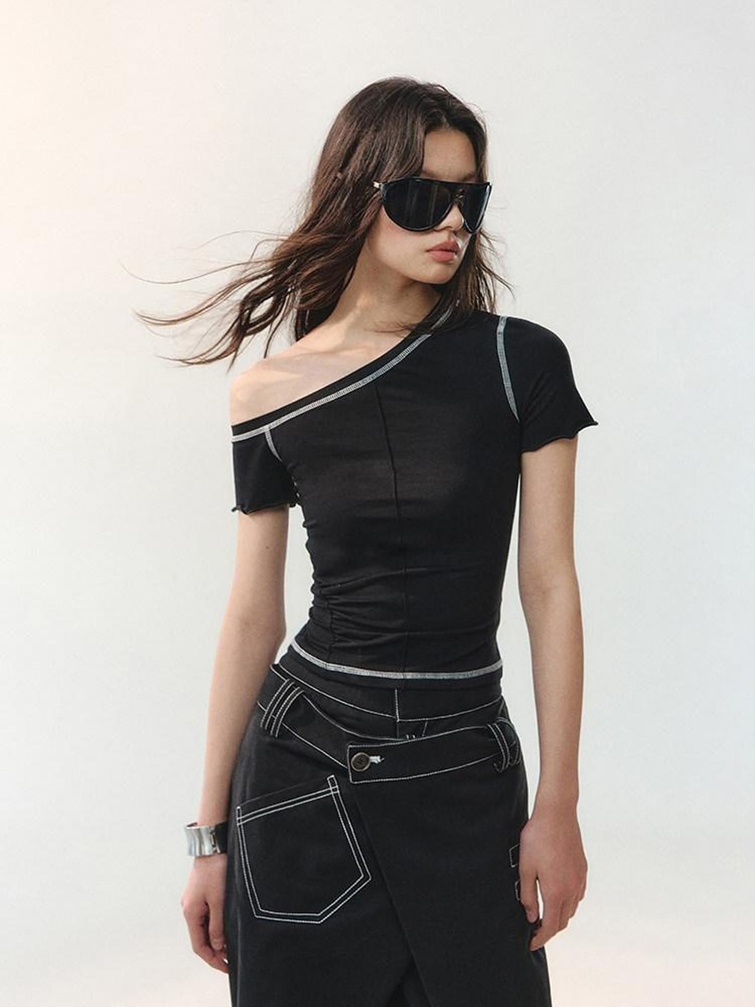 AnnoMundi Contrast Stitch Asymmetric Shoulder Floral Women&