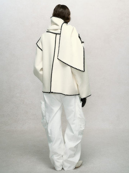 AnnoMundi Contrast Trim V Neck Double Faced Wool Coat With Scarf