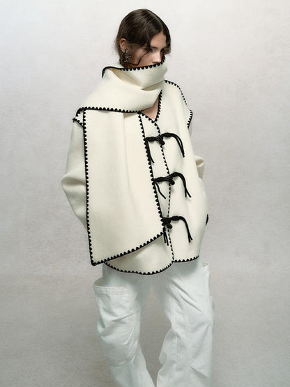 AnnoMundi Contrast Trim V Neck Double Faced Wool Coat With Scarf