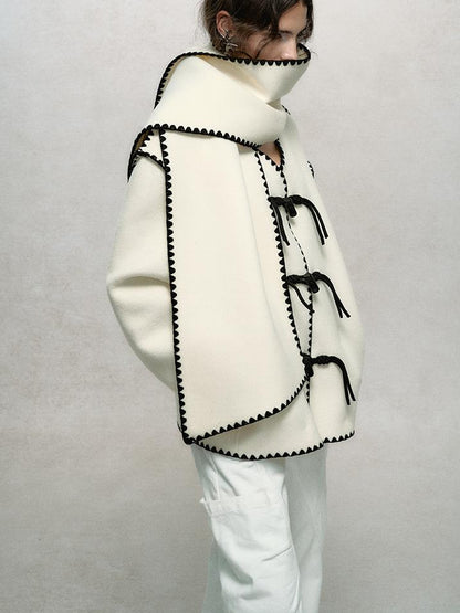 AnnoMundi Contrast Trim V Neck Double Faced Wool Coat With Scarf
