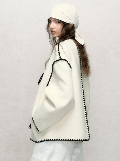 AnnoMundi Contrast Trim V Neck Double Faced Wool Coat With Scarf