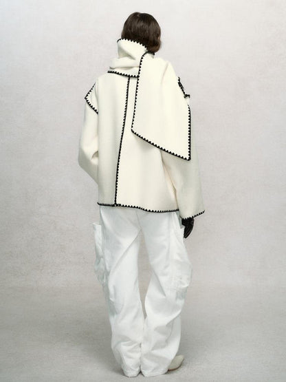 AnnoMundi Contrast Trim V Neck Double Faced Wool Coat With Scarf