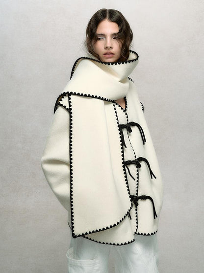 AnnoMundi Contrast Trim V Neck Double Faced Wool Coat With Scarf