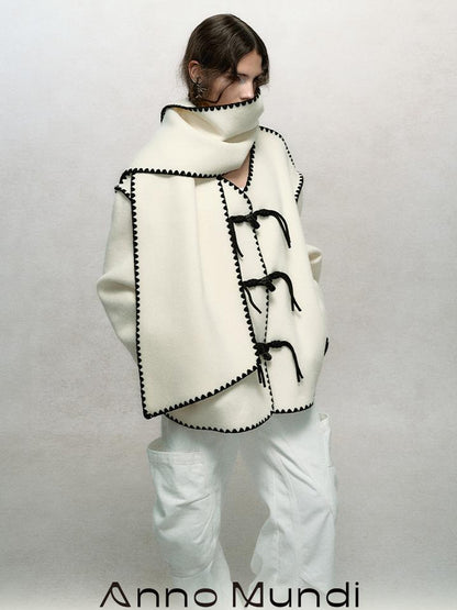 AnnoMundi Contrast Trim V Neck Double Faced Wool Coat With Scarf