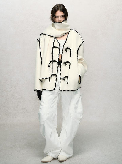 AnnoMundi Contrast Trim V Neck Double Faced Wool Coat With Scarf