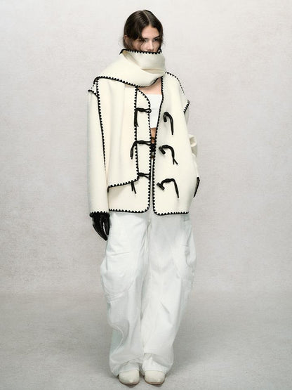 AnnoMundi Contrast Trim V Neck Double Faced Wool Coat With Scarf
