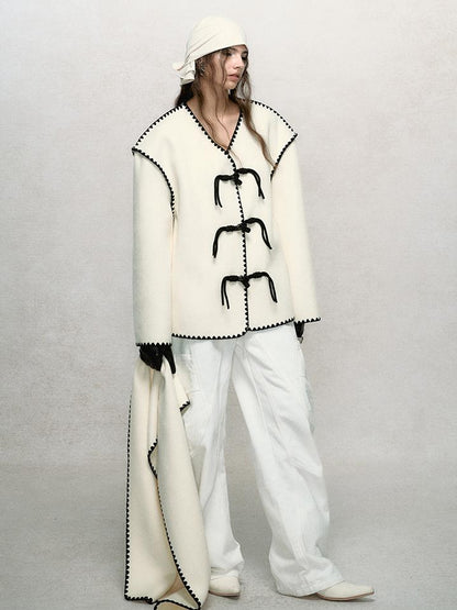 AnnoMundi Contrast Trim V Neck Double Faced Wool Coat With Scarf