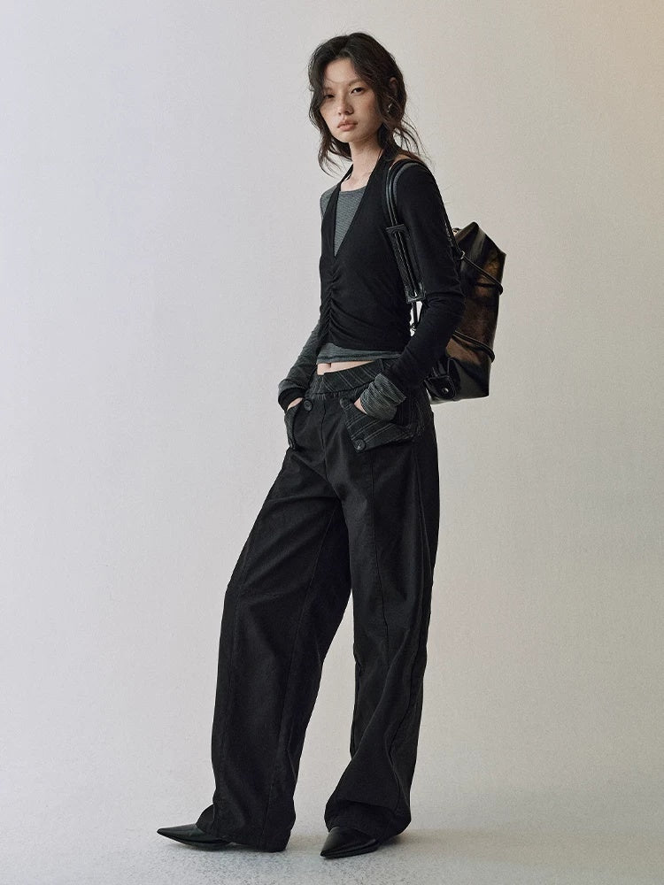 AnnoMundi Cotton 100% High Waist Patchwork Casual Womens Double Waist Pants