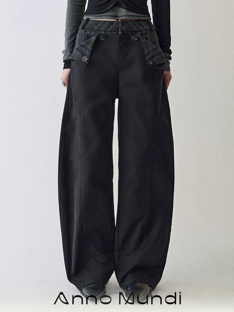 AnnoMundi Cotton 100% High Waist Patchwork Casual Womens Double Waist Pants