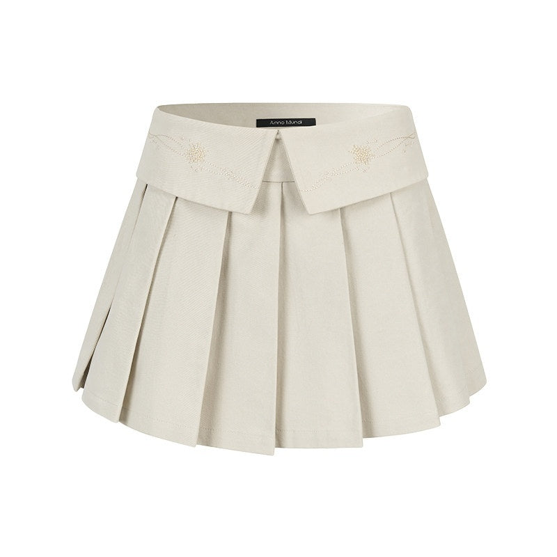 AnnoMundi_Cotton_Embroidered_Pleated_Mid_Waist_Women_Light_Khaki_Mini_Skirts_MISSTT