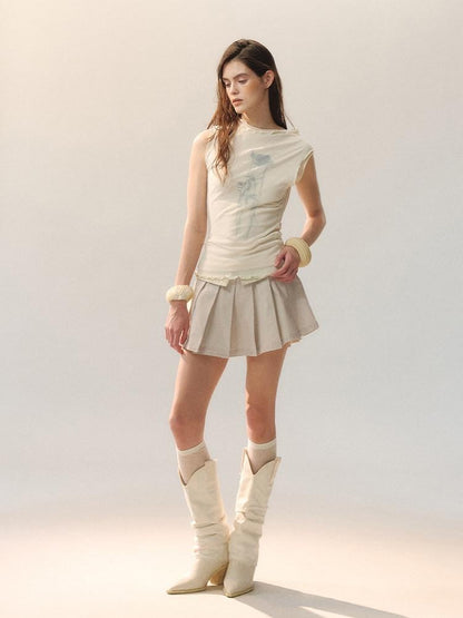 AnnoMundi Cotton Embroidered Pleated Mid Waist Women Light Khaki Mini Skirts