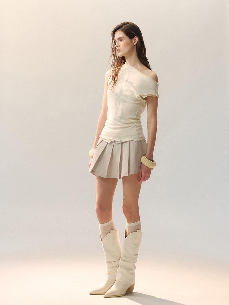 AnnoMundi Cotton Embroidered Pleated Mid Waist Women Light Khaki Mini Skirts