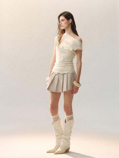 AnnoMundi Cotton Embroidered Pleated Mid Waist Women Light Khaki Mini Skirts