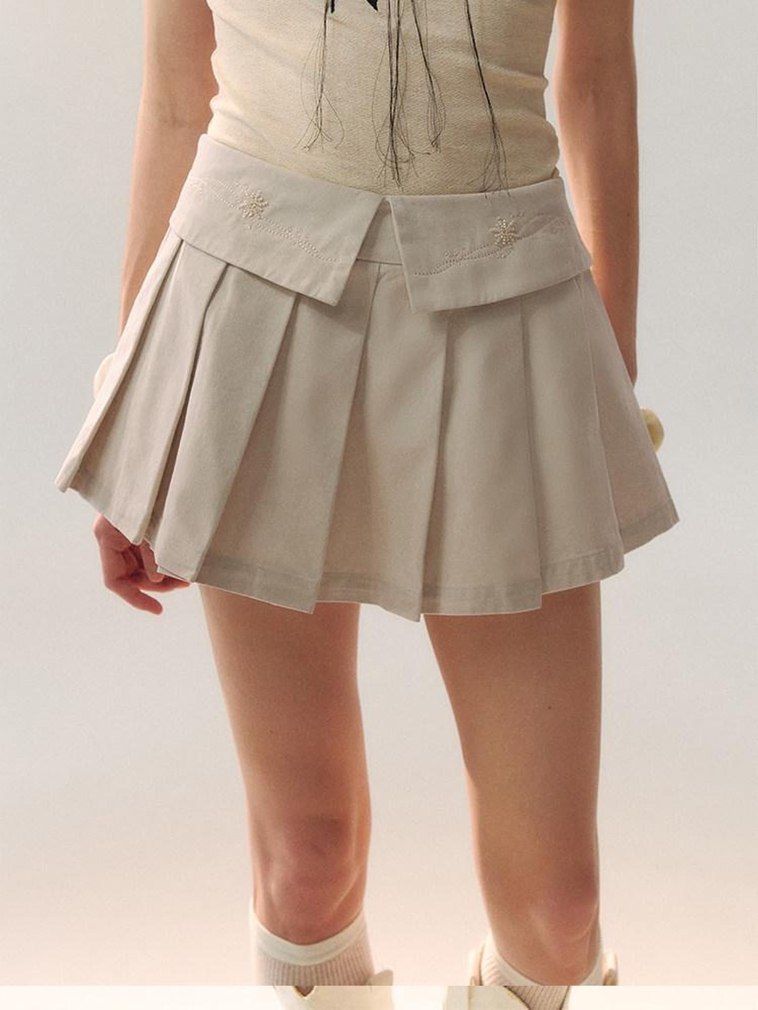 AnnoMundi Cotton Embroidered Pleated Mid Waist Women Light Khaki Mini Skirts