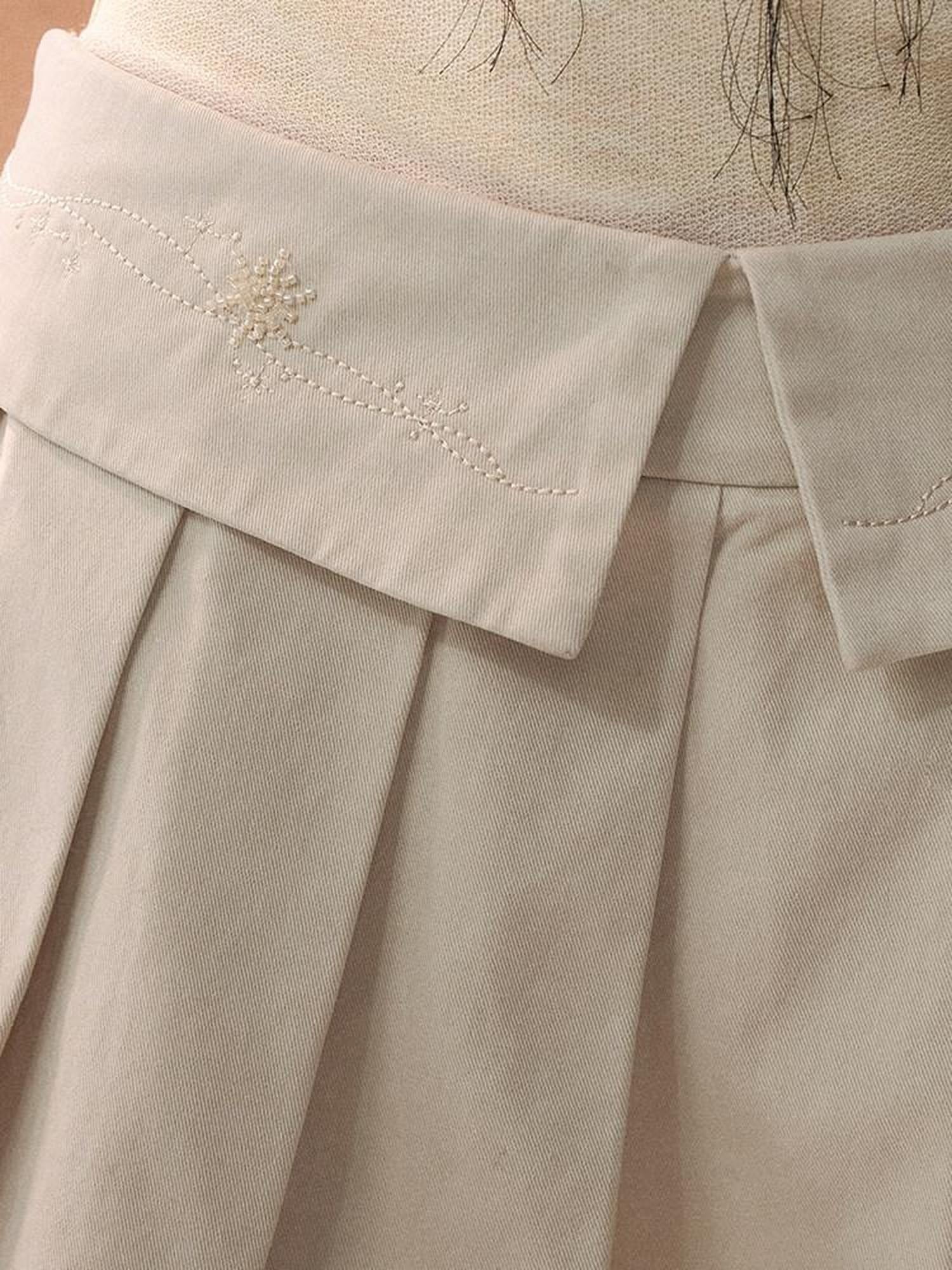 AnnoMundi Cotton Embroidered Pleated Mid Waist Women Light Khaki Mini Skirts