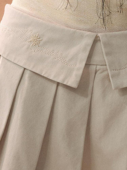 AnnoMundi Cotton Embroidered Pleated Mid Waist Women Light Khaki Mini Skirts