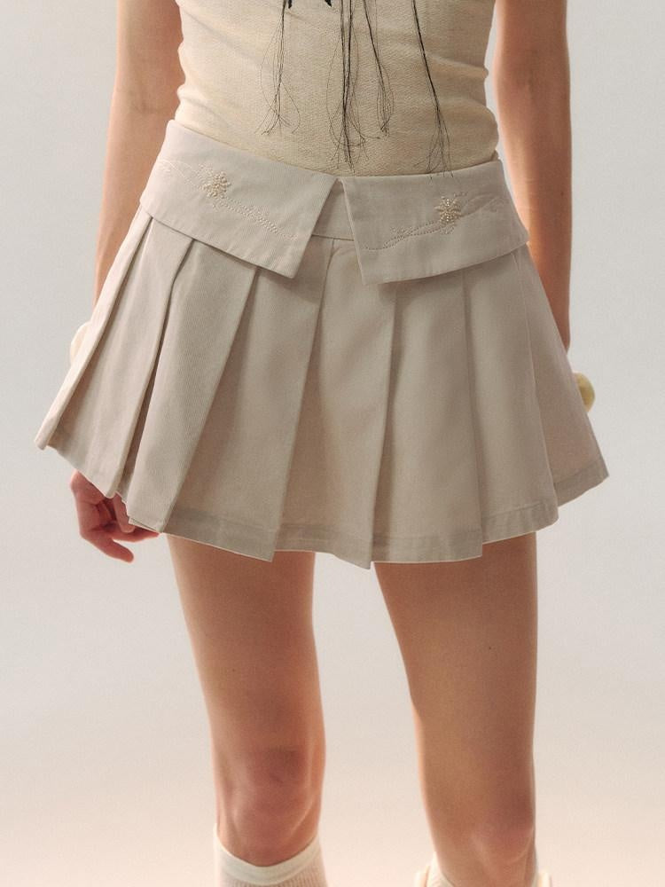 AnnoMundi Cotton Embroidered Pleated Mid Waist Women Light Khaki Mini Skirts