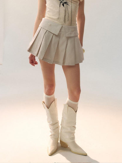 AnnoMundi Cotton Embroidered Pleated Mid Waist Women Light Khaki Mini Skirts