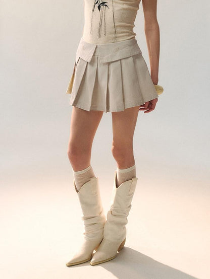 AnnoMundi Cotton Embroidered Pleated Mid Waist Women Light Khaki Mini Skirts