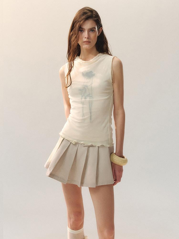 AnnoMundi Cotton Embroidered Pleated Mid Waist Women Light Khaki Mini Skirts