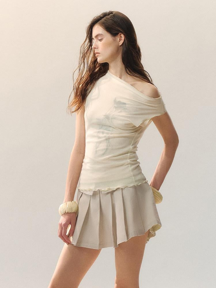 AnnoMundi Cotton Embroidered Pleated Mid Waist Women Light Khaki Mini Skirts