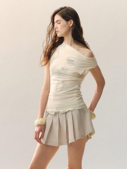 AnnoMundi Cotton Embroidered Pleated Mid Waist Women Light Khaki Mini Skirts