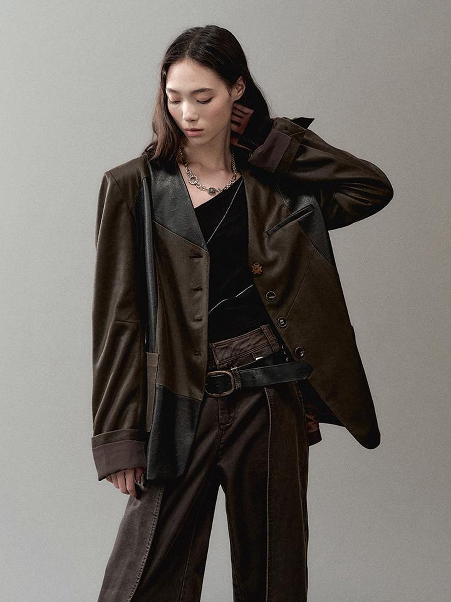 AnnoMundi Cracked Leather Panel Blazer