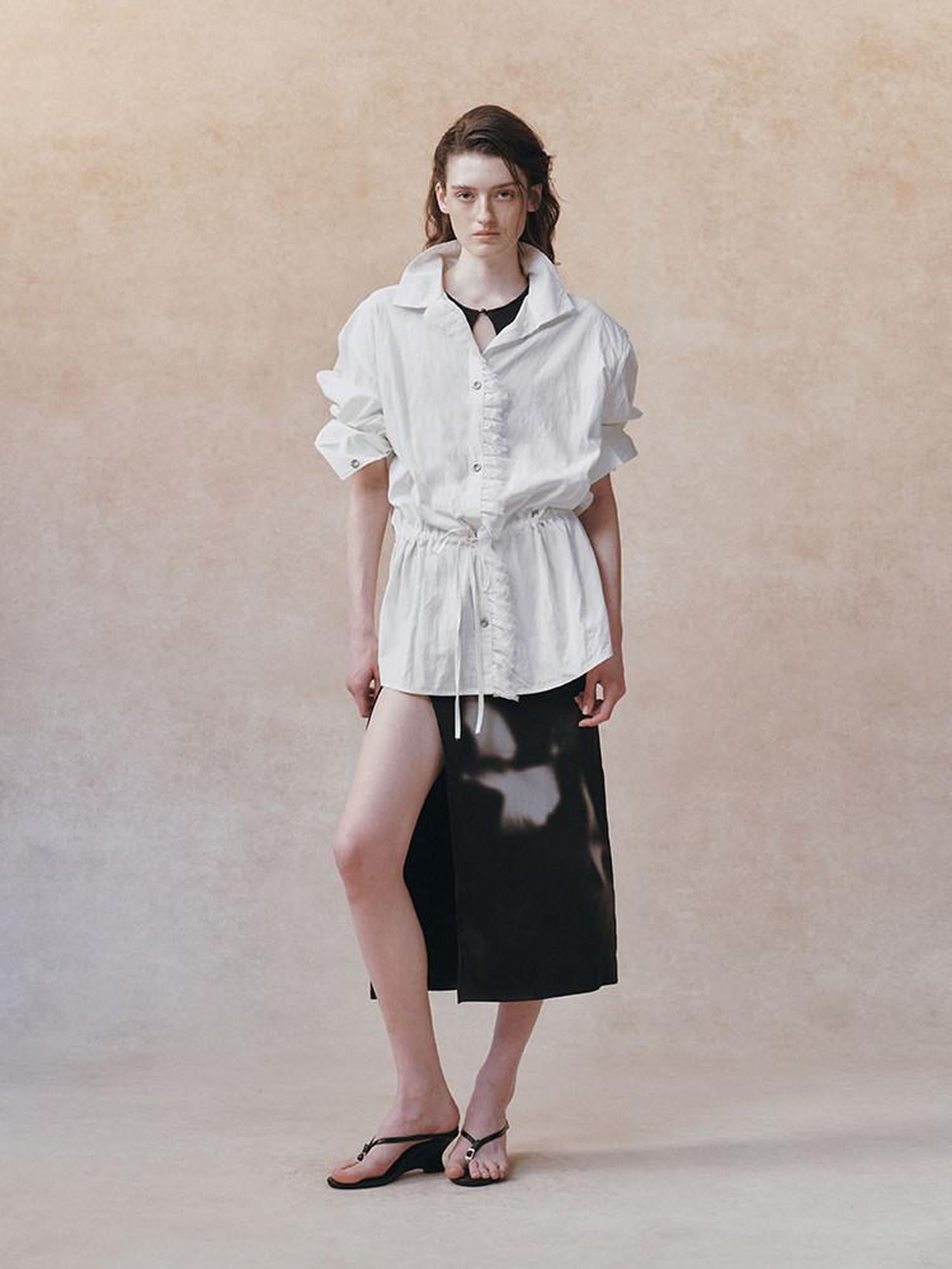 AnnoMundi Crinkled Lace Drawstring Straight Stand Collar Women&