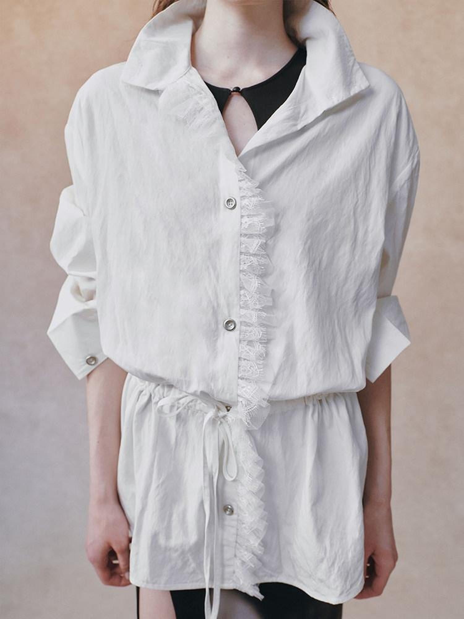 AnnoMundi Crinkled Lace Drawstring Straight Stand Collar Women&