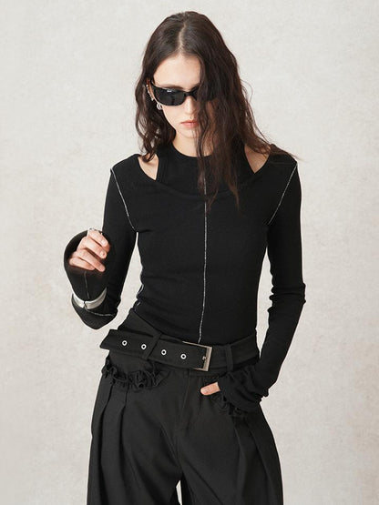 AnnoMundi Crochet Line Textured Mock Two Piece Sweater Top V Neck T Shirt Long Sleeve