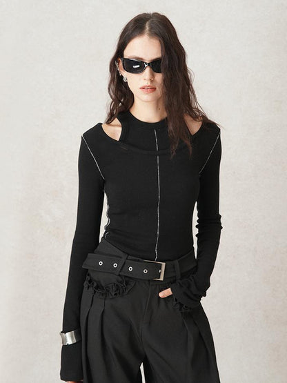 AnnoMundi Crochet Line Textured Mock Two Piece Sweater Top V Neck T Shirt Long Sleeve