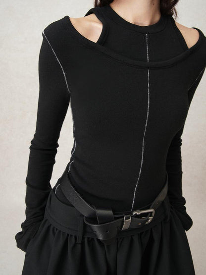 AnnoMundi Crochet Line Textured Mock Two Piece Sweater Top V Neck T Shirt Long Sleeve