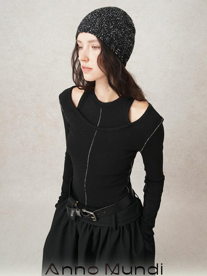 AnnoMundi Crochet Line Textured Mock Two Piece Sweater Top V Neck T Shirt Long Sleeve