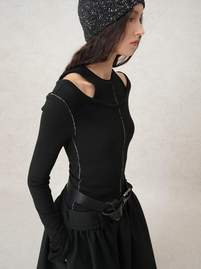 AnnoMundi Crochet Line Textured Mock Two Piece Sweater Top V Neck T Shirt Long Sleeve