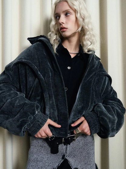 Crochet Trim Corduroy Cotton Coat With Graphene Fill