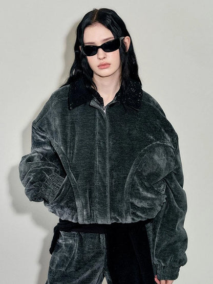 Crochet Trim Corduroy Cotton Coat With Graphene Fill