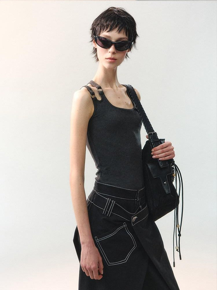 AnnoMundi Cropped Asymmetric Ring Buckle One Shoulder U Neck Women&