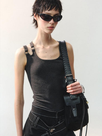 AnnoMundi Cropped Asymmetric Ring Buckle One Shoulder U Neck Women&