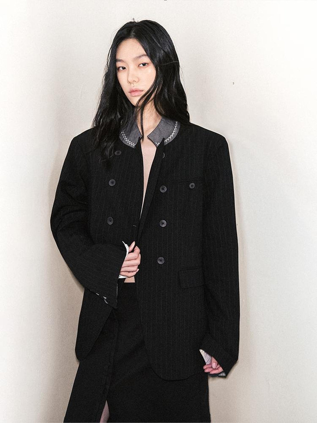 AnnoMundi Dark Tone Embroidered Striped Contrast Stand Collar Hand Stitched Women&