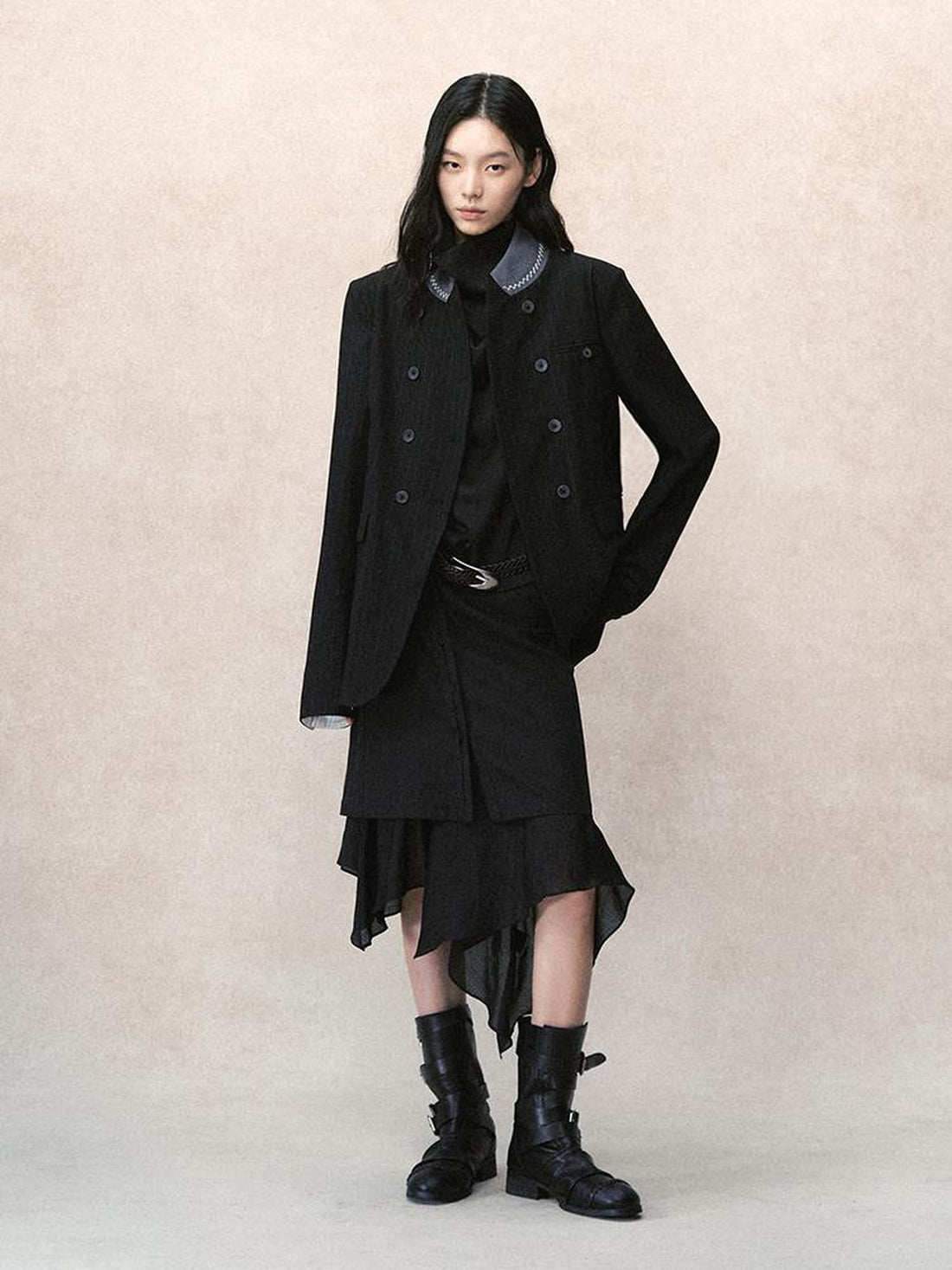 AnnoMundi Dark Tone Embroidered Striped Contrast Stand Collar Hand Stitched Women&